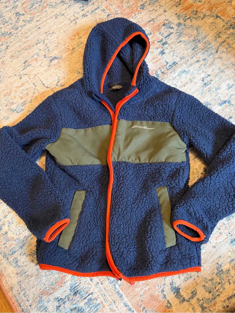 Eddie Bauer Navy Sherpa Hoodie with Olive Panels and Orange Trim